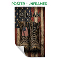 Unframed veteran poster featuring military boots, dog tags, stars, and distressed American flag colors