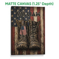 Matte canvas wall art featuring military boots, dog tags, stars, and a distressed American flag design