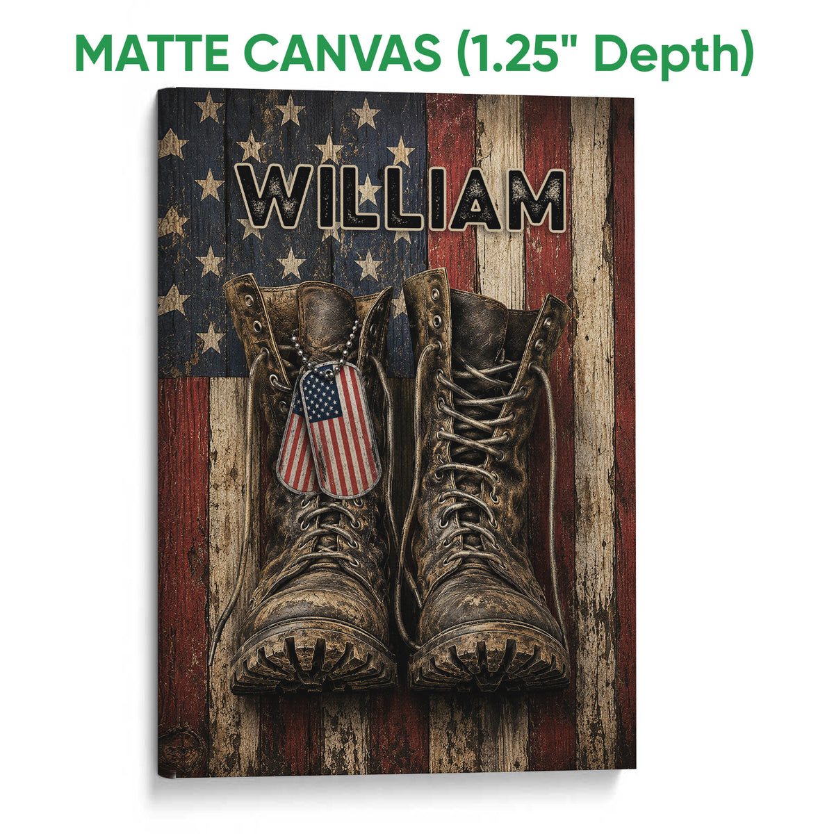 Matte canvas wall art featuring military boots, dog tags, stars, and a distressed American flag design