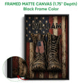 Black framed veteran canvas wall art with military boots, dog tags, stars, and patriotic colors