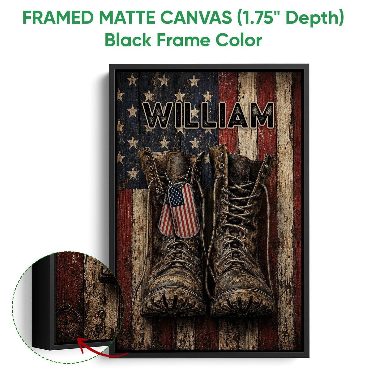 Black framed veteran canvas wall art with military boots, dog tags, stars, and patriotic colors