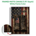 White framed veteran canvas wall art with military boots, dog tags, stars, and an American flag design