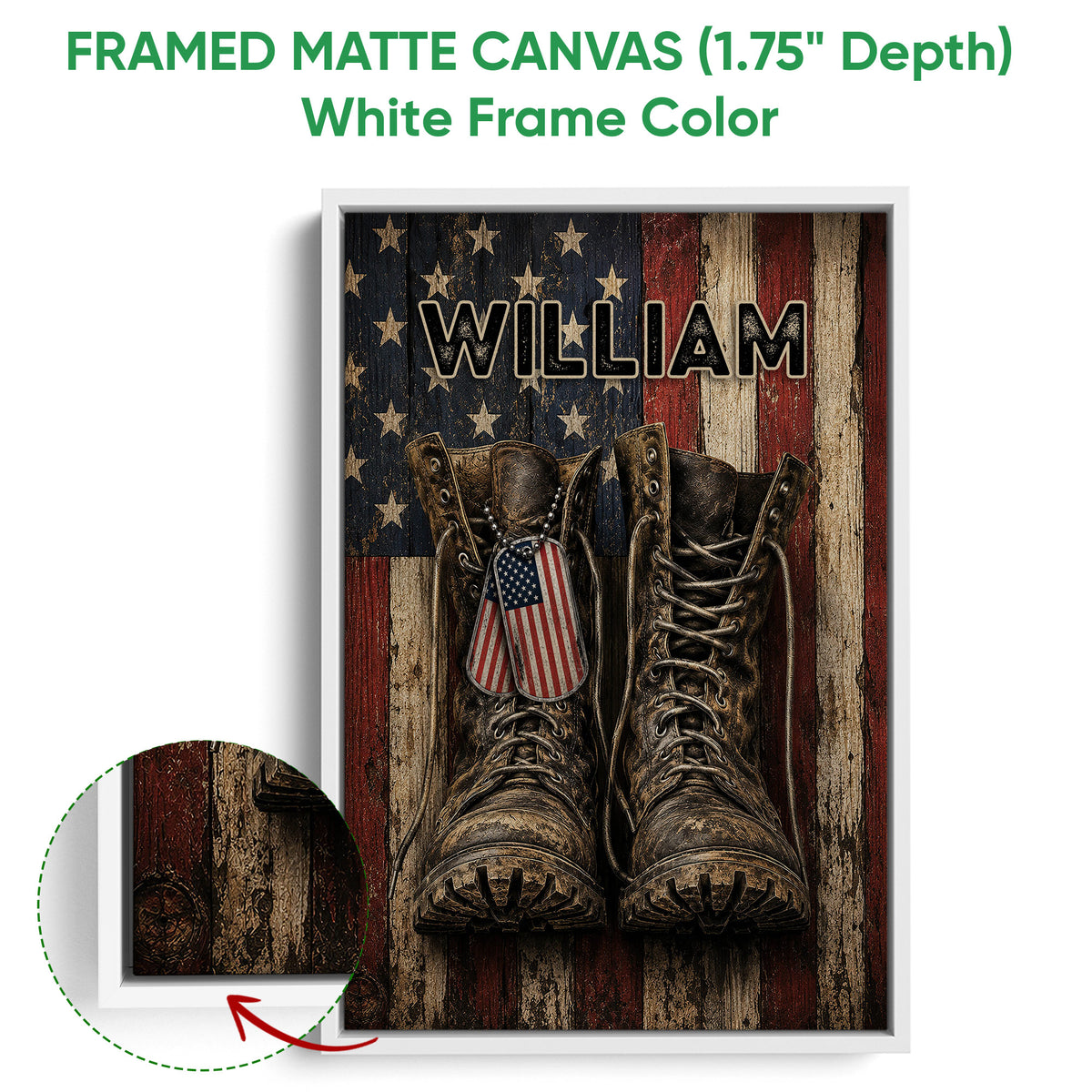 White framed veteran canvas wall art with military boots, dog tags, stars, and an American flag design