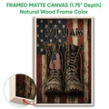 Natural wood framed veteran wall art featuring military boots, dog tags, stars, and patriotic colors