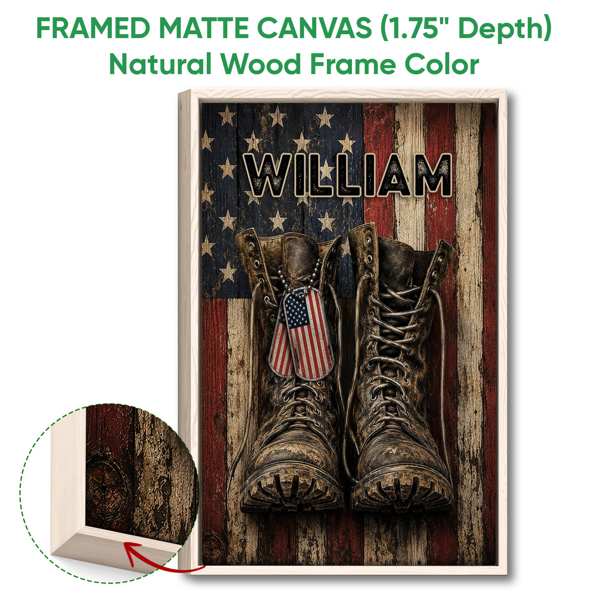 Natural wood framed veteran wall art featuring military boots, dog tags, stars, and patriotic colors