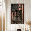 Veteran wall art displayed on a light wood-paneled wall in a warm rustic home setting