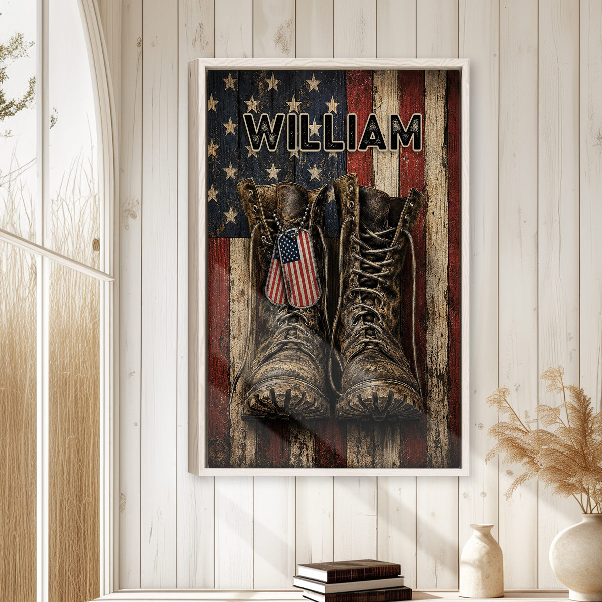 Veteran wall art displayed on a light wood-paneled wall in a warm rustic home setting
