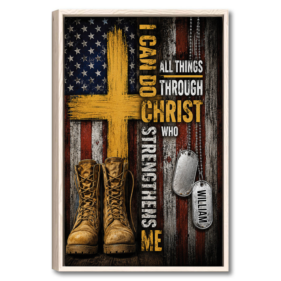 Framed veteran wall art with combat boots, dog tags, a distressed American flag, and a gold cross