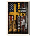 Framed veteran wall art with combat boots, dog tags, a distressed American flag, and a gold cross