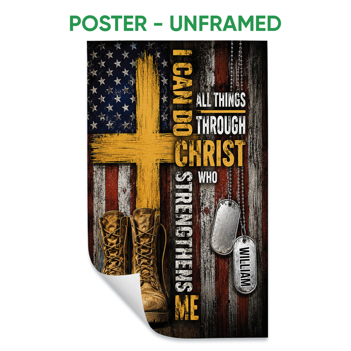 Unframed veteran poster featuring combat boots, dog tags, a distressed flag, and a prominent gold cross