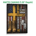 Matte canvas veteran wall art with combat boots, dog tags, distressed flag colors, and a faith-inspired design