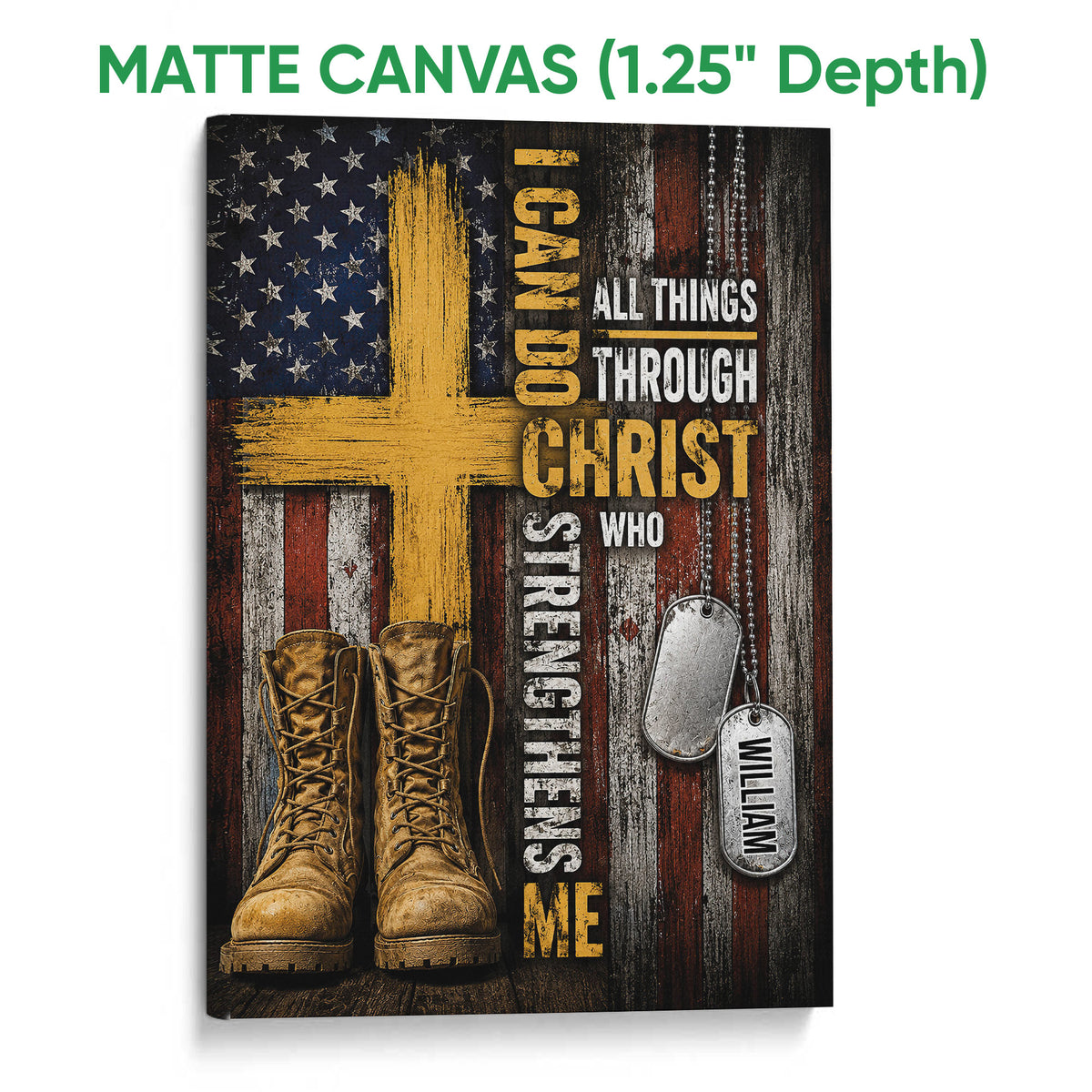 Matte canvas veteran wall art with combat boots, dog tags, distressed flag colors, and a faith-inspired design