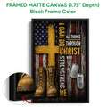 Framed veteran wall art shown with a black frame and close-up detail of the combat boot artwork