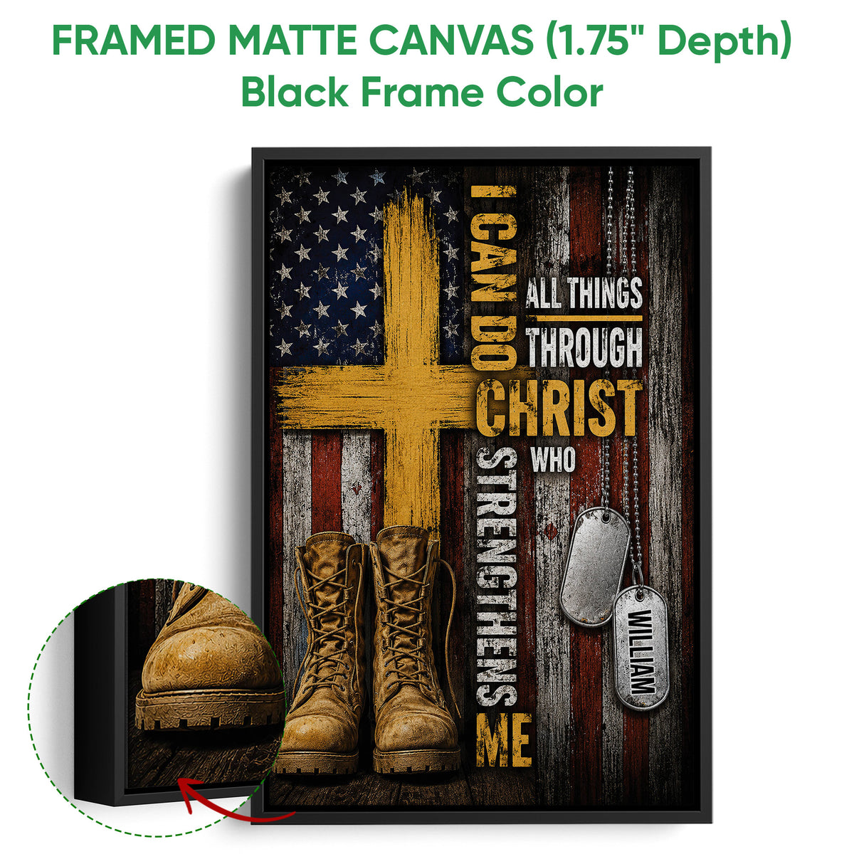 Framed veteran wall art shown with a black frame and close-up detail of the combat boot artwork