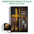 Framed veteran wall art shown with a white frame and close-up detail of the combat boot artwork