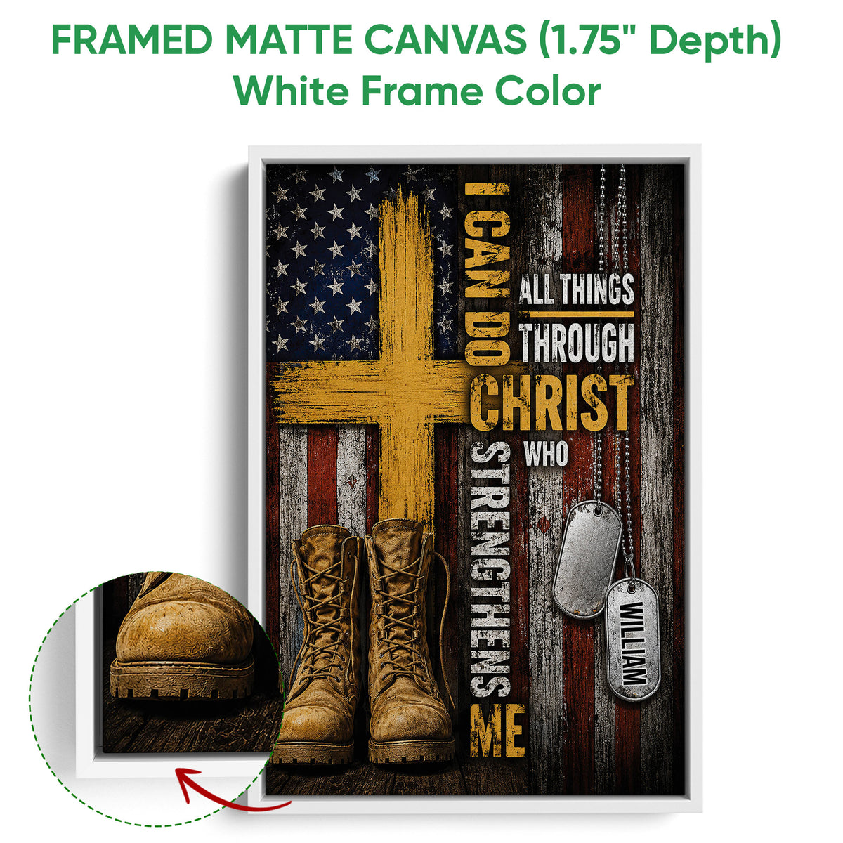 Framed veteran wall art shown with a white frame and close-up detail of the combat boot artwork
