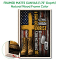 Framed veteran wall art shown with a natural wood frame and close-up detail of the canvas edge