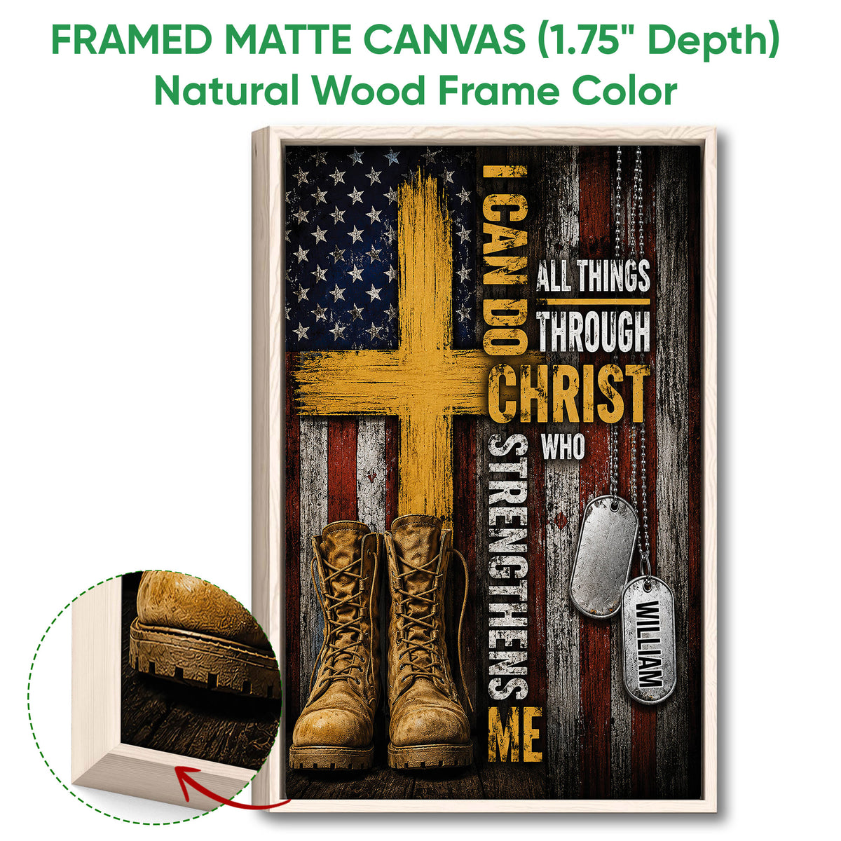 Framed veteran wall art shown with a natural wood frame and close-up detail of the canvas edge
