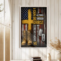 Framed veteran wall art displayed on a light wood-paneled wall above stacked books