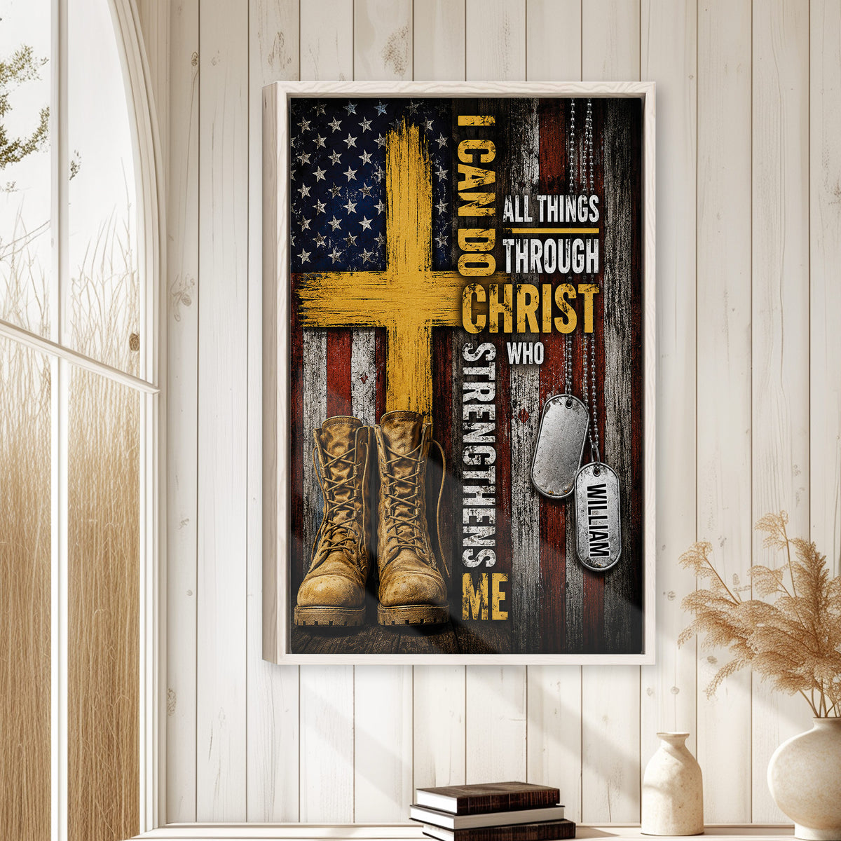 Framed veteran wall art displayed on a light wood-paneled wall above stacked books