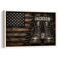 Framed veteran wall art featuring combat boots, a weathered American flag, dog tag, and woodgrain texture