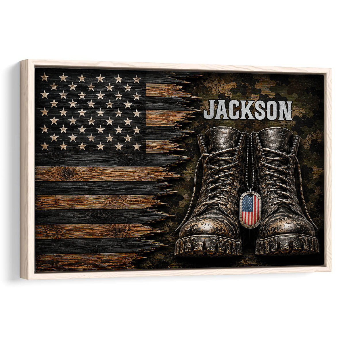 Framed veteran wall art featuring combat boots, a weathered American flag, dog tag, and woodgrain texture