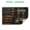 Unframed poster featuring combat boots, a weathered American flag, dog tag, and dark woodgrain artwork