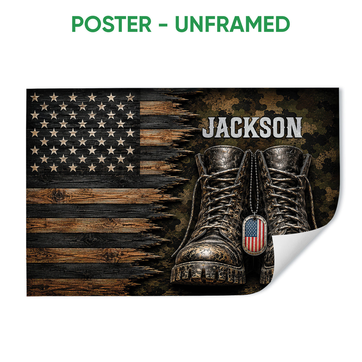 Unframed poster featuring combat boots, a weathered American flag, dog tag, and dark woodgrain artwork