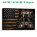 Matte canvas veteran wall art featuring combat boots, a weathered American flag, and rugged woodgrain design