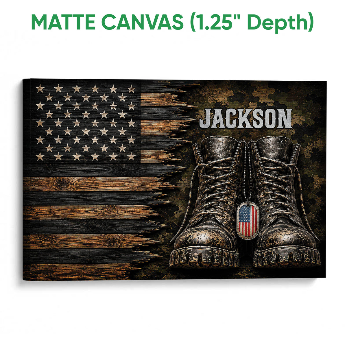 Matte canvas veteran wall art featuring combat boots, a weathered American flag, and rugged woodgrain design