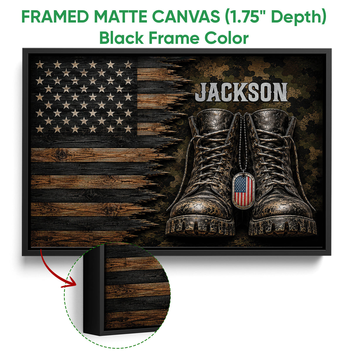 Black framed canvas veteran wall art with combat boots, American flag imagery, and a detailed woodgrain background