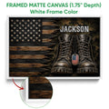 White framed canvas veteran wall art featuring combat boots, American flag imagery, and a bold patriotic design