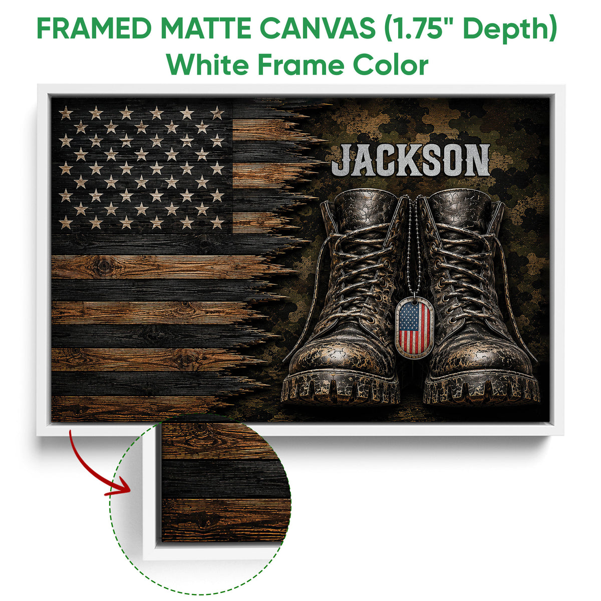 White framed canvas veteran wall art featuring combat boots, American flag imagery, and a bold patriotic design