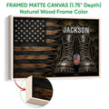 Natural wood framed canvas showing combat boots, a weathered American flag, and rustic patriotic artwork