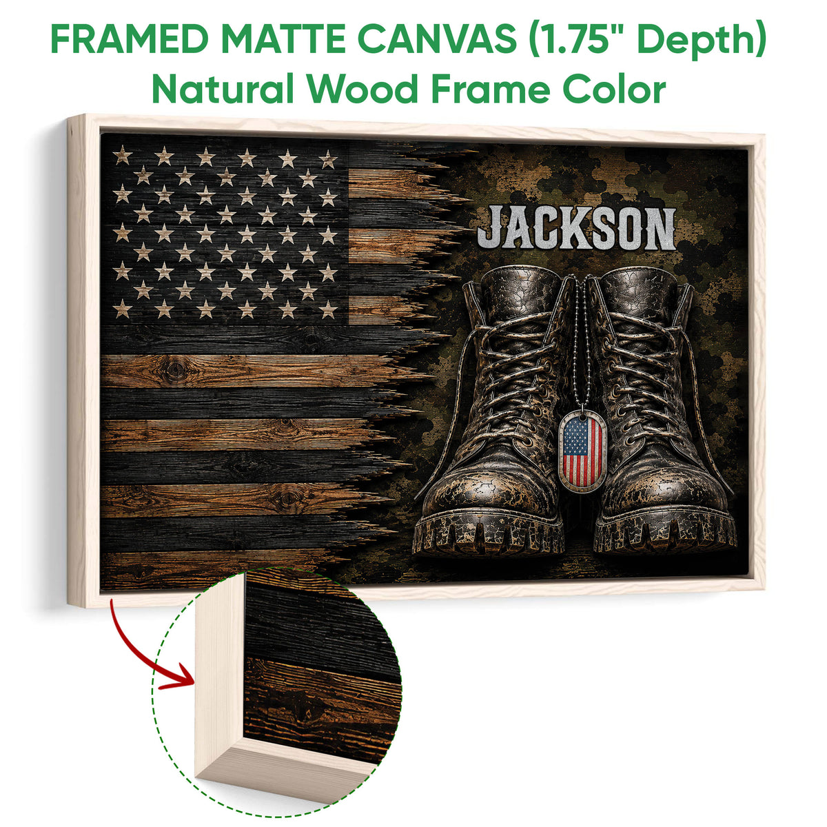 Natural wood framed canvas showing combat boots, a weathered American flag, and rustic patriotic artwork