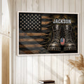 Veteran wall art displayed on a light wood accent wall, featuring combat boots and a weathered American flag
