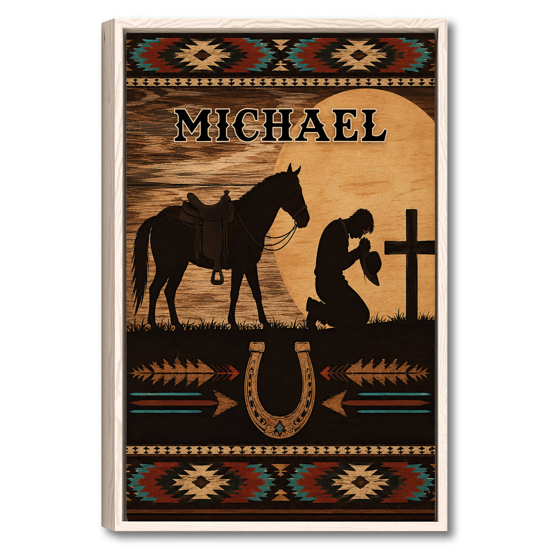 Framed cowboy wall art with a saddled horse, sunset cross scene, horseshoe, and Southwestern geometric borders