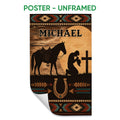 Unframed cowboy poster featuring a saddled horse, sunset, cross, horseshoe, and Southwestern border patterns