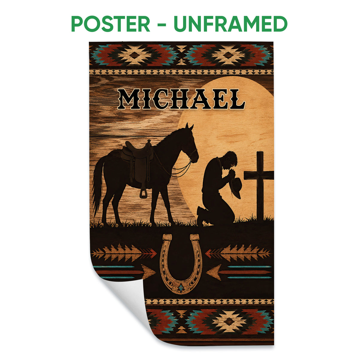 Unframed cowboy poster featuring a saddled horse, sunset, cross, horseshoe, and Southwestern border patterns