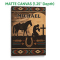 Matte canvas cowboy wall art with a horse, sunset cross scene, horseshoe, and colorful geometric border