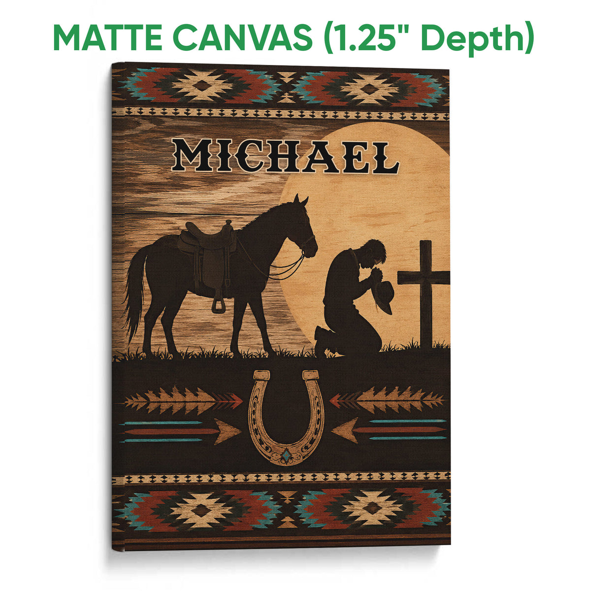 Matte canvas cowboy wall art with a horse, sunset cross scene, horseshoe, and colorful geometric border