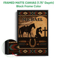 Black framed cowboy canvas wall art featuring a horse, sunset, cross, horseshoe, and Western patterns
