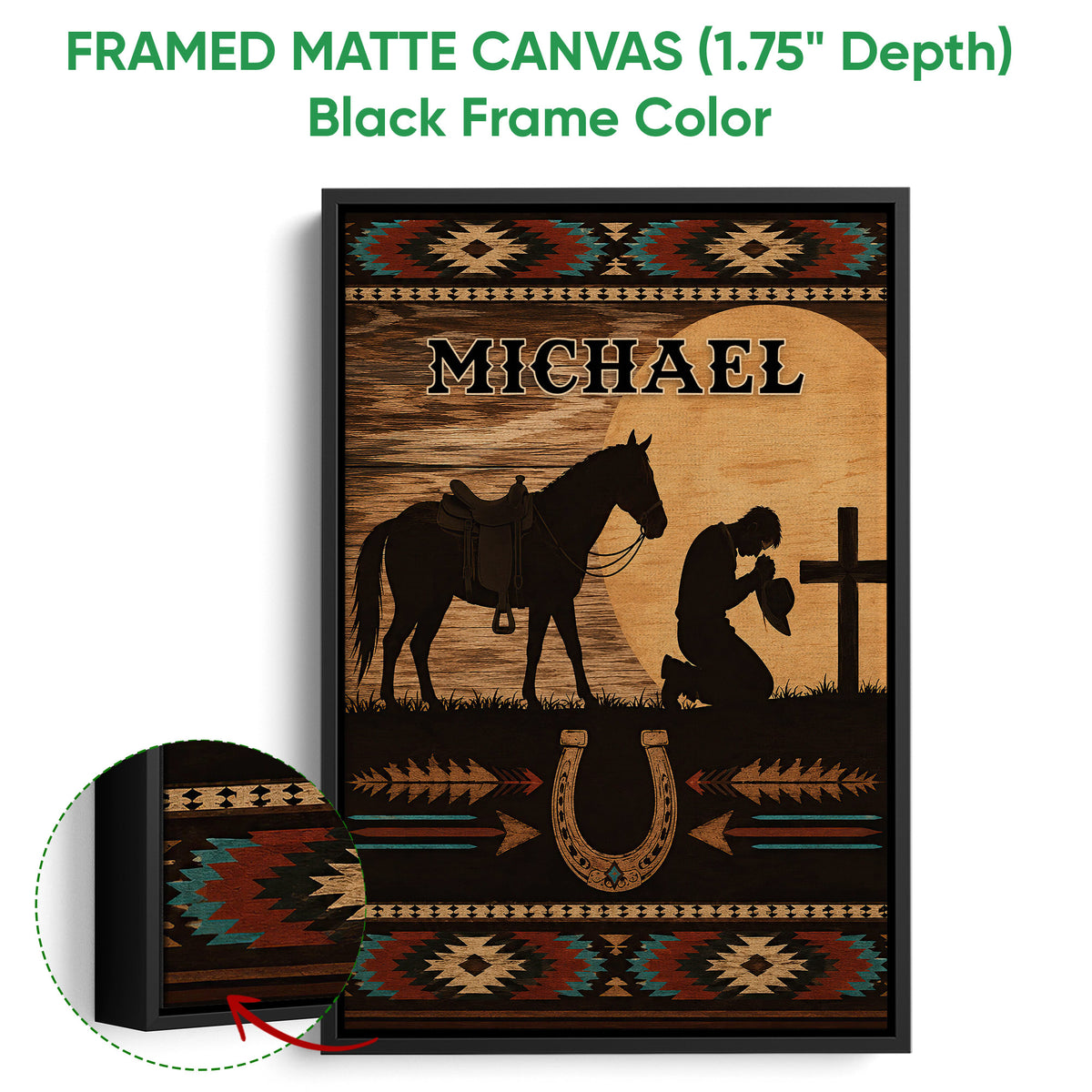 Black framed cowboy canvas wall art featuring a horse, sunset, cross, horseshoe, and Western patterns