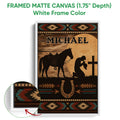 White framed cowboy canvas wall art with a saddled horse, sunset cross scene, and Southwestern accents