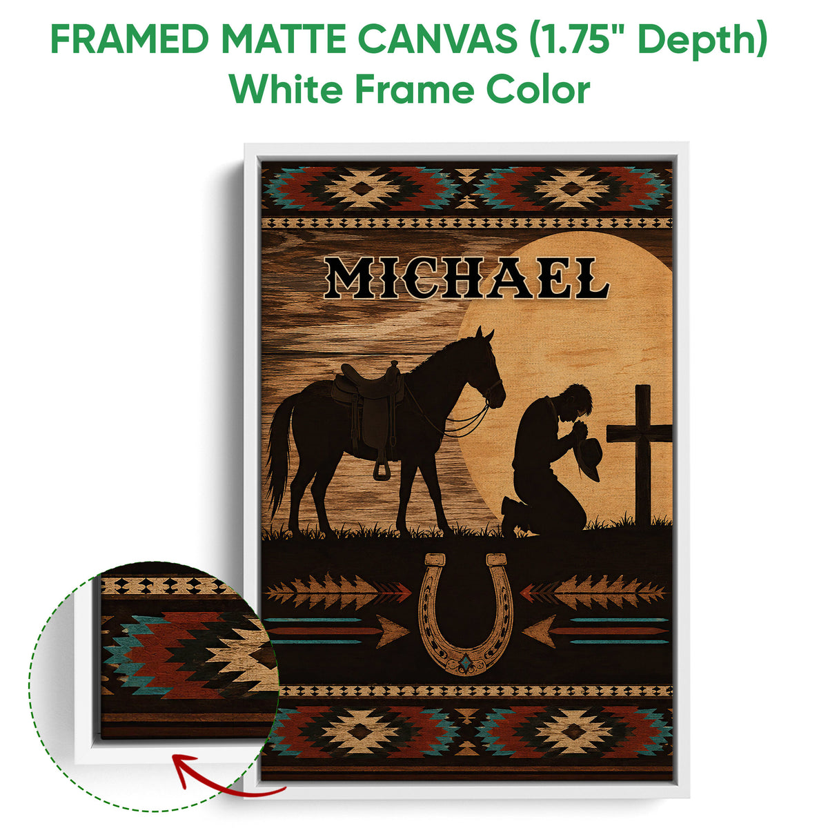 White framed cowboy canvas wall art with a saddled horse, sunset cross scene, and Southwestern accents