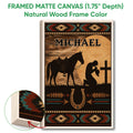 Natural wood framed cowboy wall art with a horse silhouette, horseshoe, sunset, and geometric borders