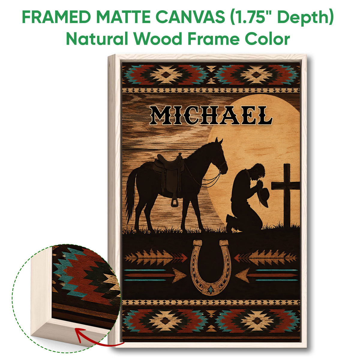 Natural wood framed cowboy wall art with a horse silhouette, horseshoe, sunset, and geometric borders