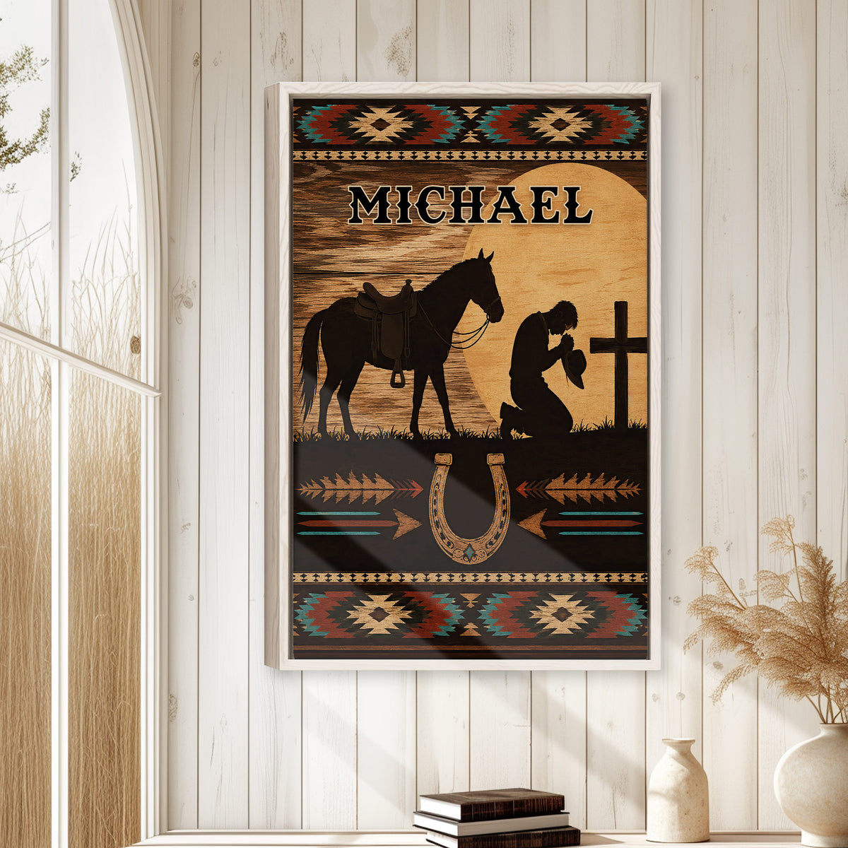 Cowboy wall art displayed in a rustic room with a natural wood frame and Western horse design