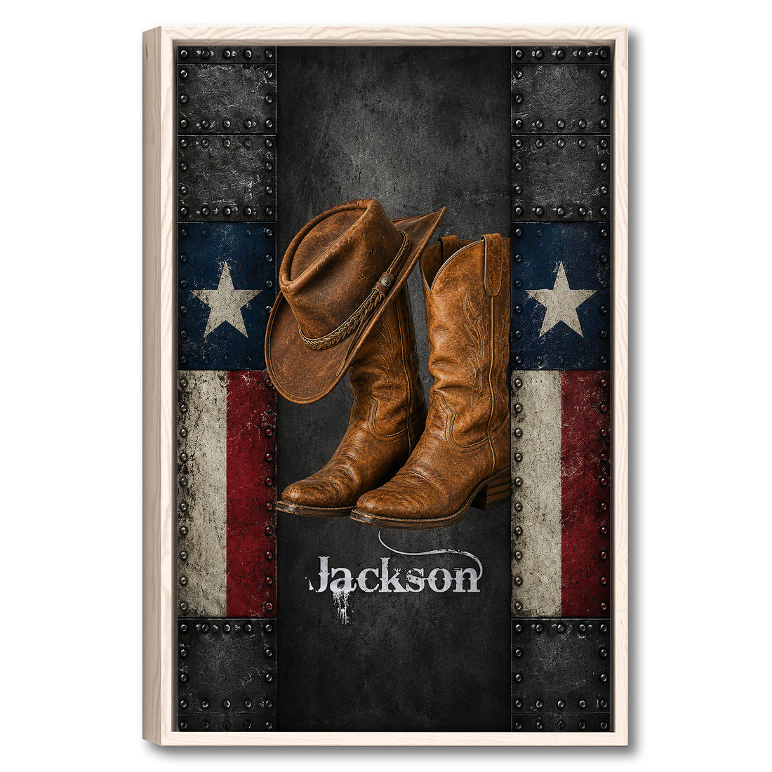 Framed cowboy wall art featuring brown boots and a Western hat against a rugged Texas-inspired background