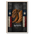Framed cowboy wall art featuring brown boots and a Western hat against a rugged Texas-inspired background